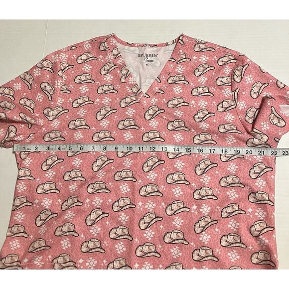 Womens Spurrin’ Scrubs Medical Scrub Top Western Cowboy Cowgirl Hat Pink XL READ - Picture 8 of 11